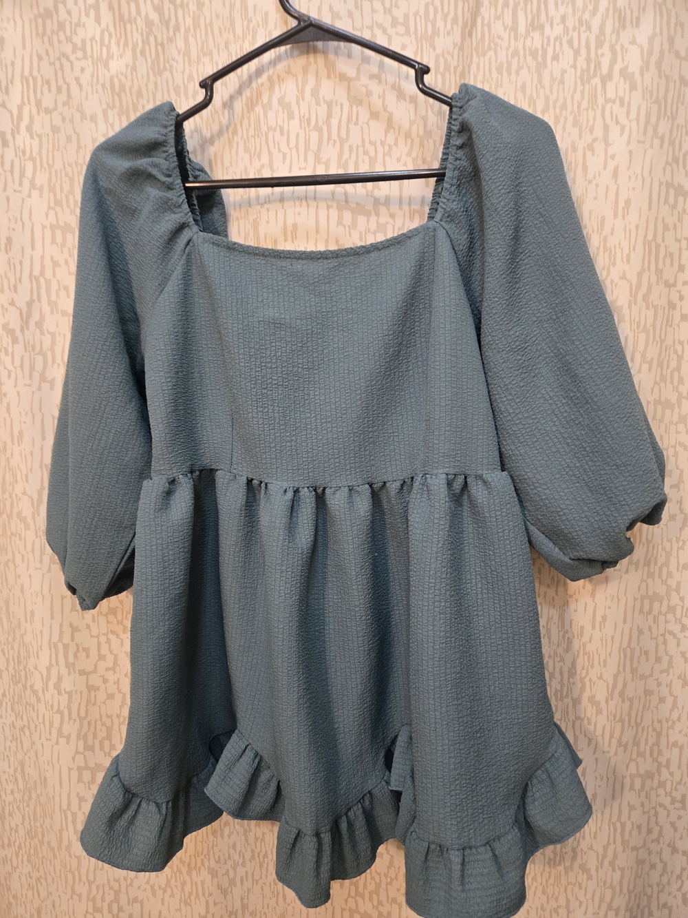 Square-Neck Ruffled Peplum Tunic in Teal Blue